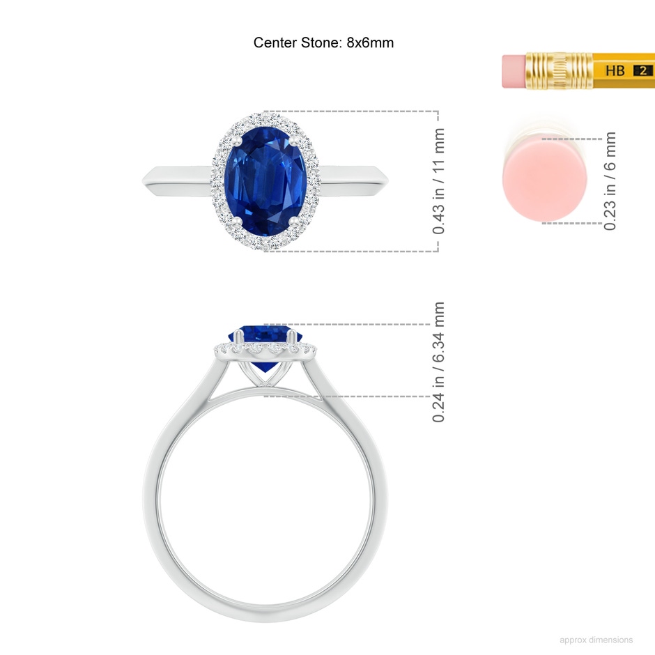 8x6mm AAA Oval Blue Sapphire Halo Knife-Edge Shank Engagement Ring in White Gold ruler