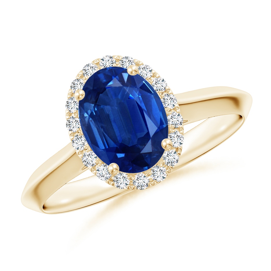 8x6mm AAA Oval Blue Sapphire Halo Knife-Edge Shank Engagement Ring in Yellow Gold 