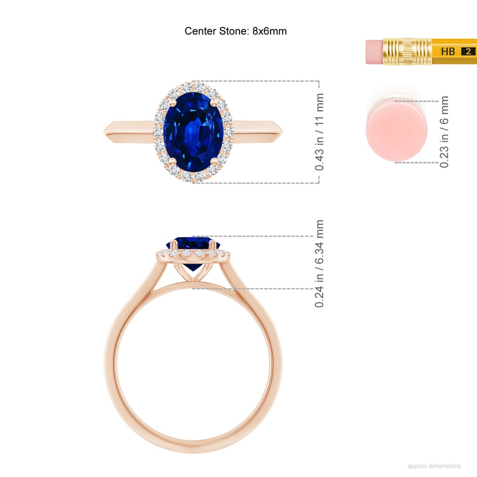 8x6mm AAAA Oval Blue Sapphire Halo Knife-Edge Shank Engagement Ring in Rose Gold ruler