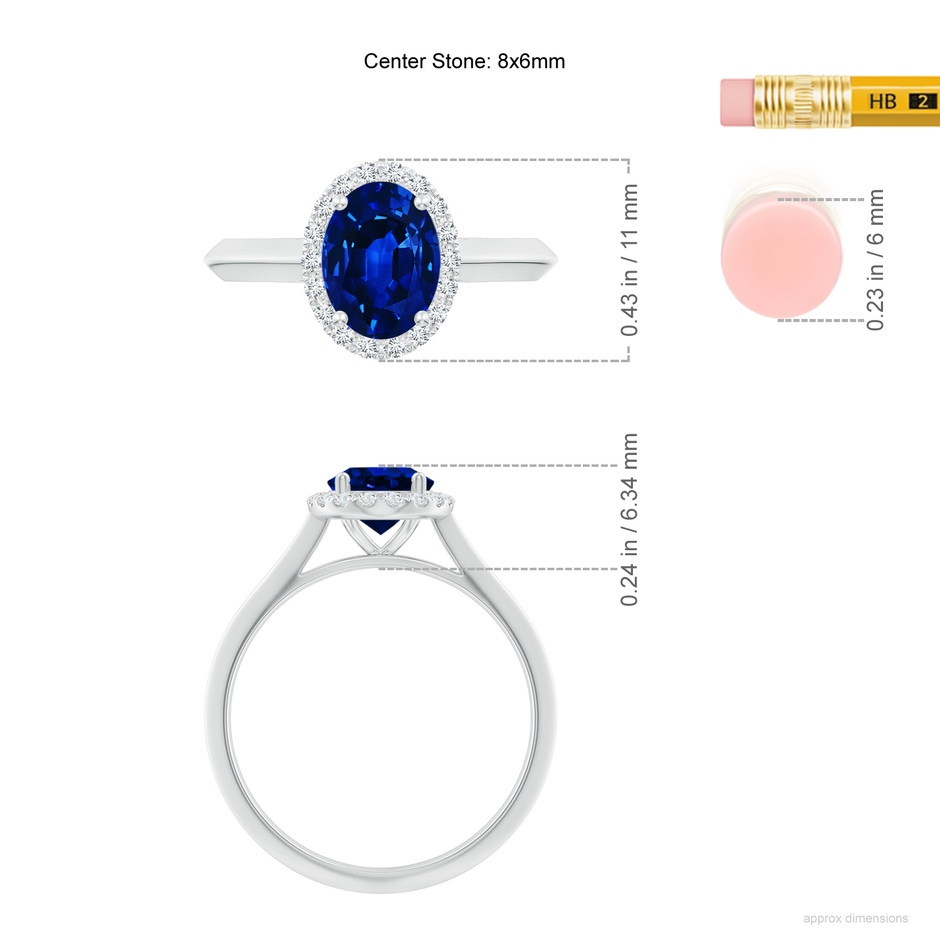 8x6mm AAAA Oval Blue Sapphire Halo Knife-Edge Shank Engagement Ring in White Gold ruler