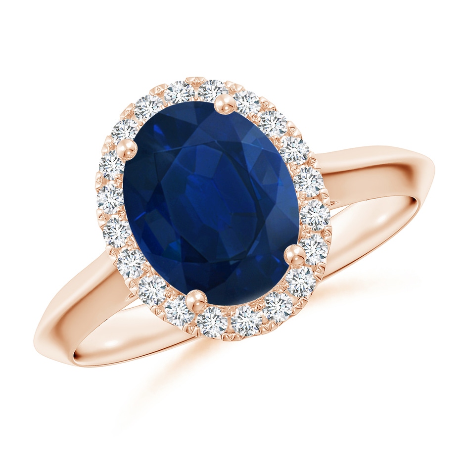 9x7mm AA Oval Blue Sapphire Halo Knife-Edge Shank Engagement Ring in Rose Gold 
