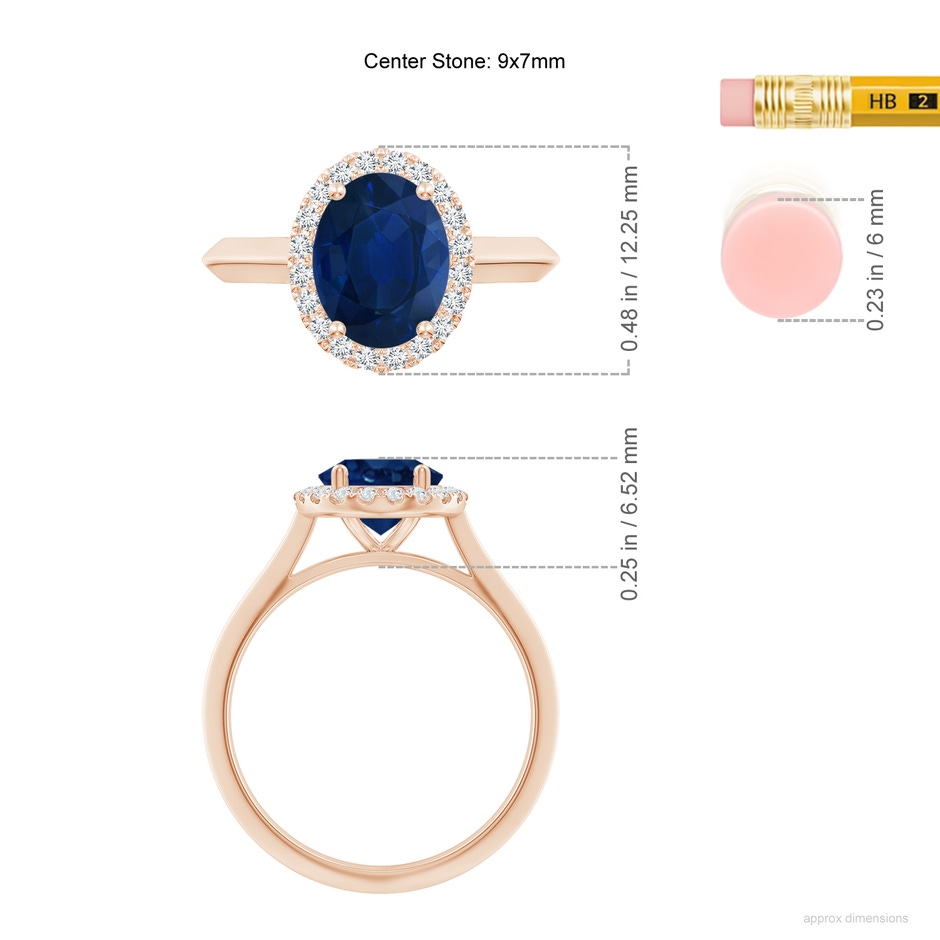 9x7mm AA Oval Blue Sapphire Halo Knife-Edge Shank Engagement Ring in Rose Gold ruler