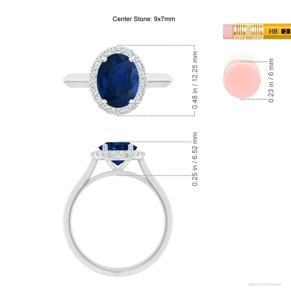 9x7mm AA Oval Blue Sapphire Halo Knife-Edge Shank Engagement Ring in White Gold ruler