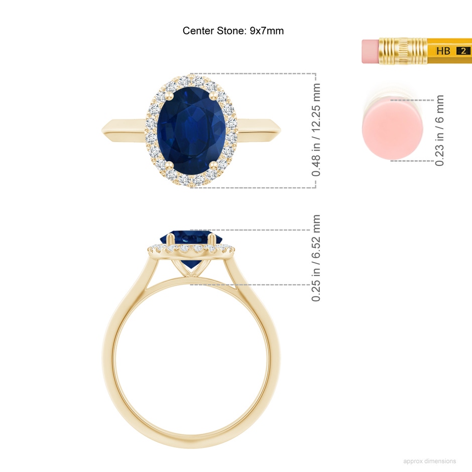 9x7mm AA Oval Blue Sapphire Halo Knife-Edge Shank Engagement Ring in Yellow Gold ruler