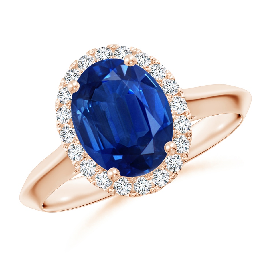 9x7mm AAA Oval Blue Sapphire Halo Knife-Edge Shank Engagement Ring in Rose Gold 