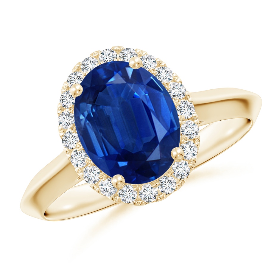 9x7mm AAA Oval Blue Sapphire Halo Knife-Edge Shank Engagement Ring in Yellow Gold 