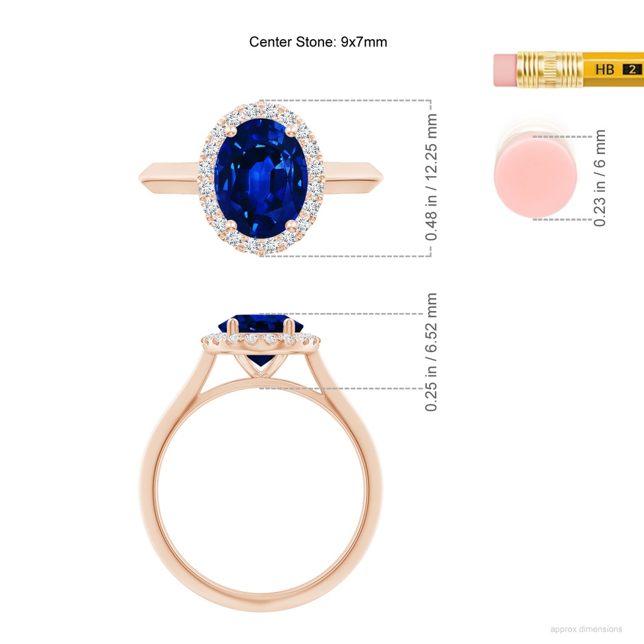 9x7mm AAAA Oval Blue Sapphire Halo Knife-Edge Shank Engagement Ring in Rose Gold ruler