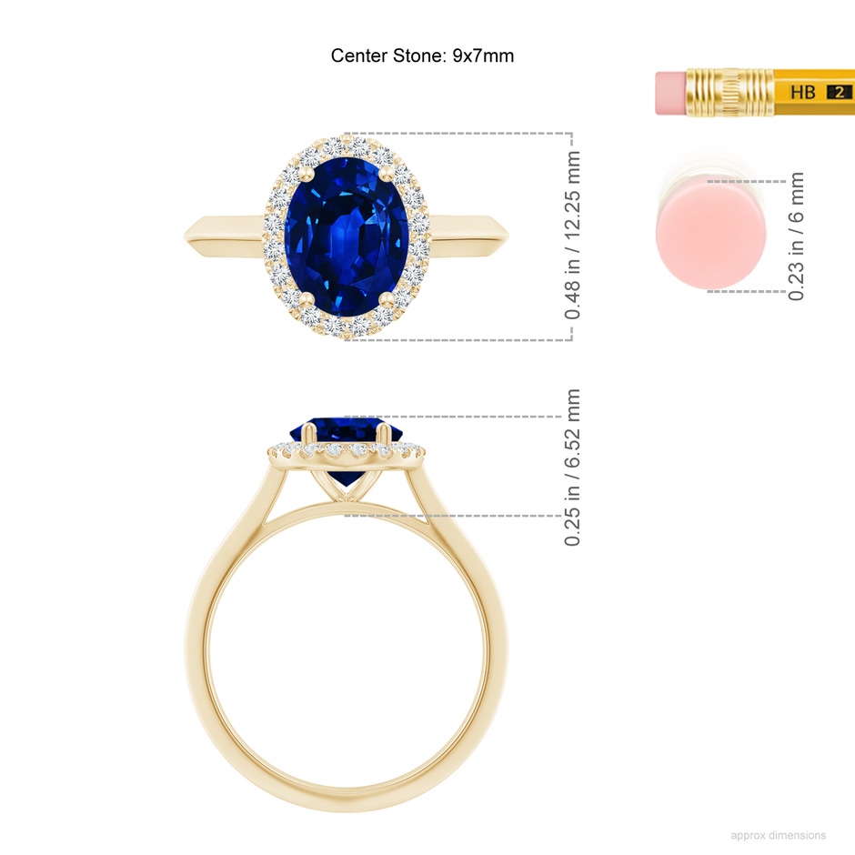 9x7mm AAAA Oval Blue Sapphire Halo Knife-Edge Shank Engagement Ring in Yellow Gold ruler