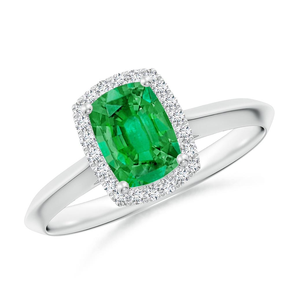 7x5mm AAA Cushion Rectangular Emerald Halo Knife-Edge Shank Engagement Ring in White Gold