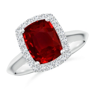 9x7mm AAAA Cushion Rectangular Ruby Halo Knife-Edge Shank Engagement Ring in P950 Platinum