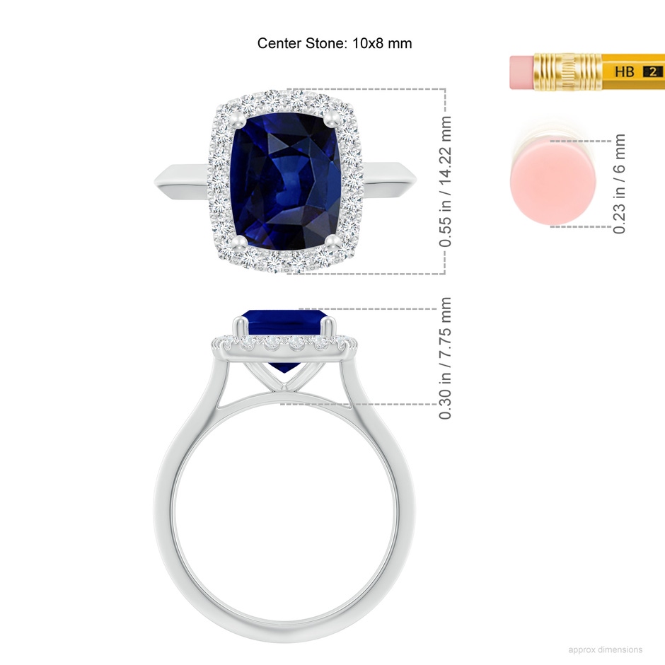 10x8mm AAA Cushion Rectangular Blue Sapphire Halo Knife-Edge Shank Engagement Ring in P950 Platinum ruler