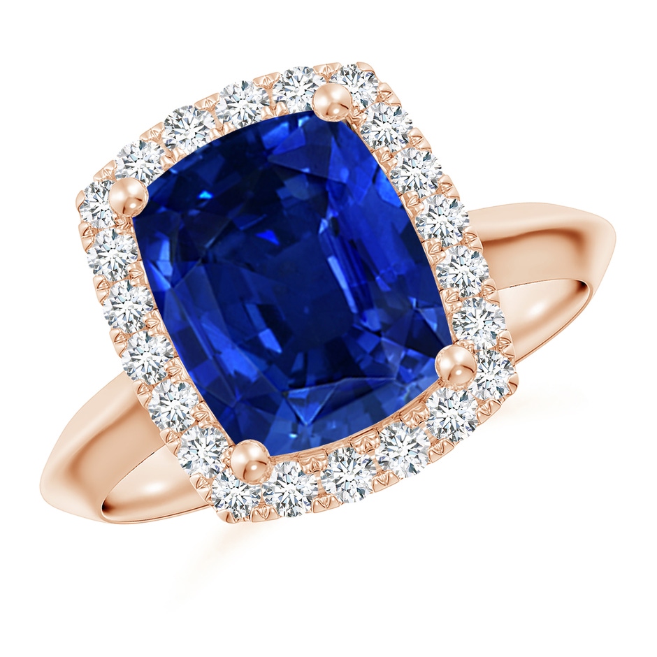 10x8mm AAAA Cushion Rectangular Blue Sapphire Halo Knife-Edge Shank Engagement Ring in Rose Gold 