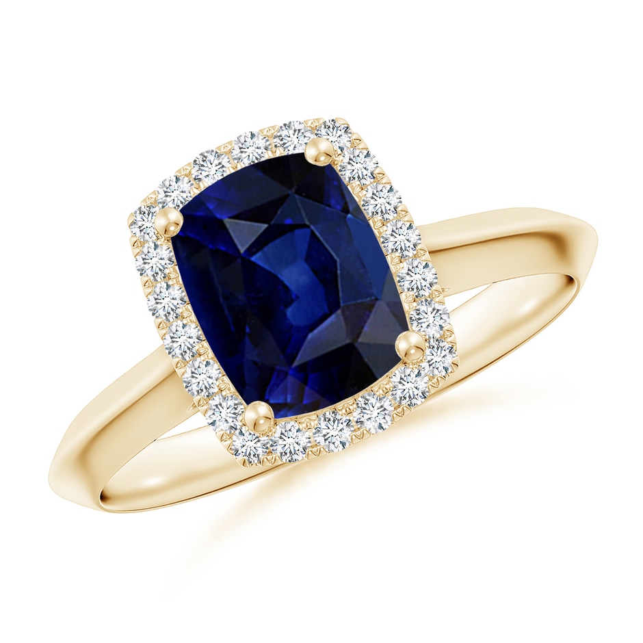 8x6mm AAA Cushion Rectangular Blue Sapphire Halo Knife-Edge Shank Engagement Ring in Yellow Gold 