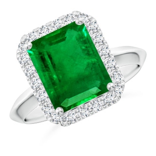 10x8mm AAAA Emerald-Cut Emerald Halo Knife-Edge Shank Engagement Ring in P950 Platinum