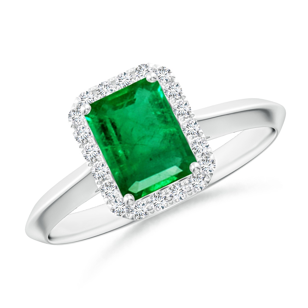 7x5mm AAA Emerald-Cut Emerald Halo Knife-Edge Shank Engagement Ring in White Gold