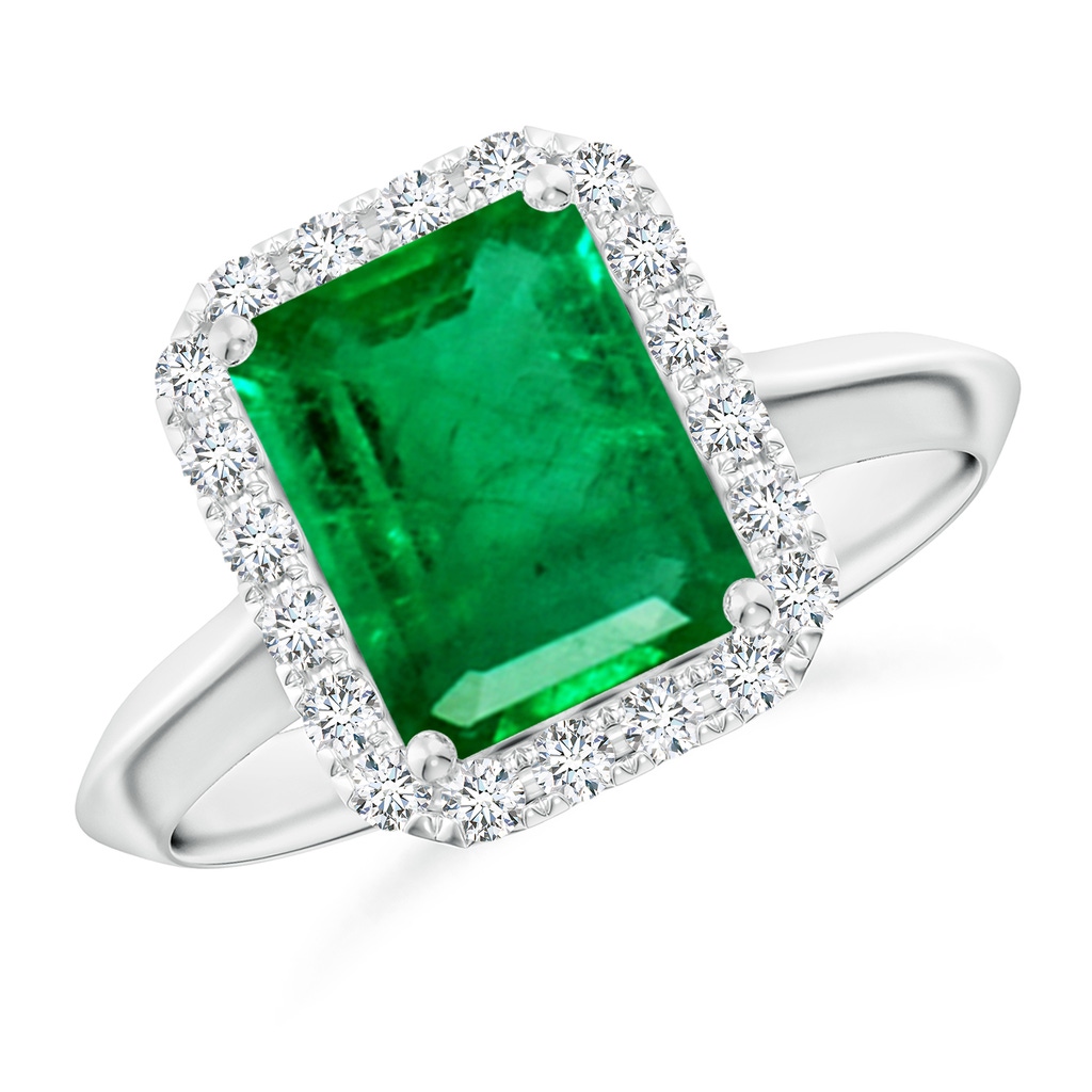 9x7mm AAA Emerald-Cut Emerald Halo Knife-Edge Shank Engagement Ring in White Gold