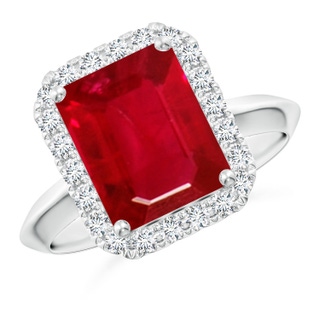 10x8mm AAA Emerald-Cut Ruby Halo Knife-Edge Shank Engagement Ring in P950 Platinum