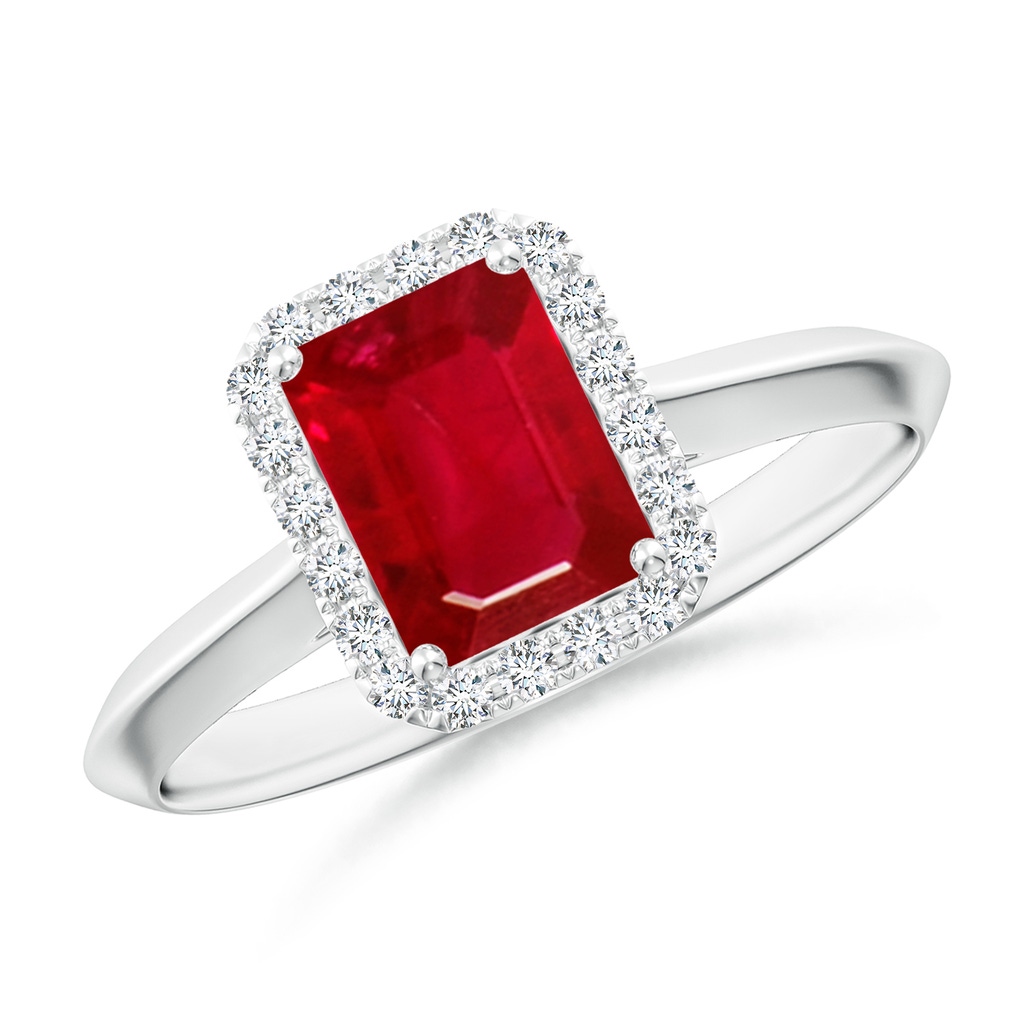 7x5mm AAA Emerald-Cut Ruby Halo Knife-Edge Shank Engagement Ring in 18K White Gold