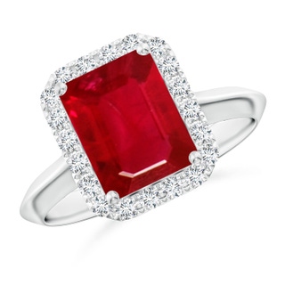 9x7mm AAA Emerald-Cut Ruby Halo Knife-Edge Shank Engagement Ring in P950 Platinum