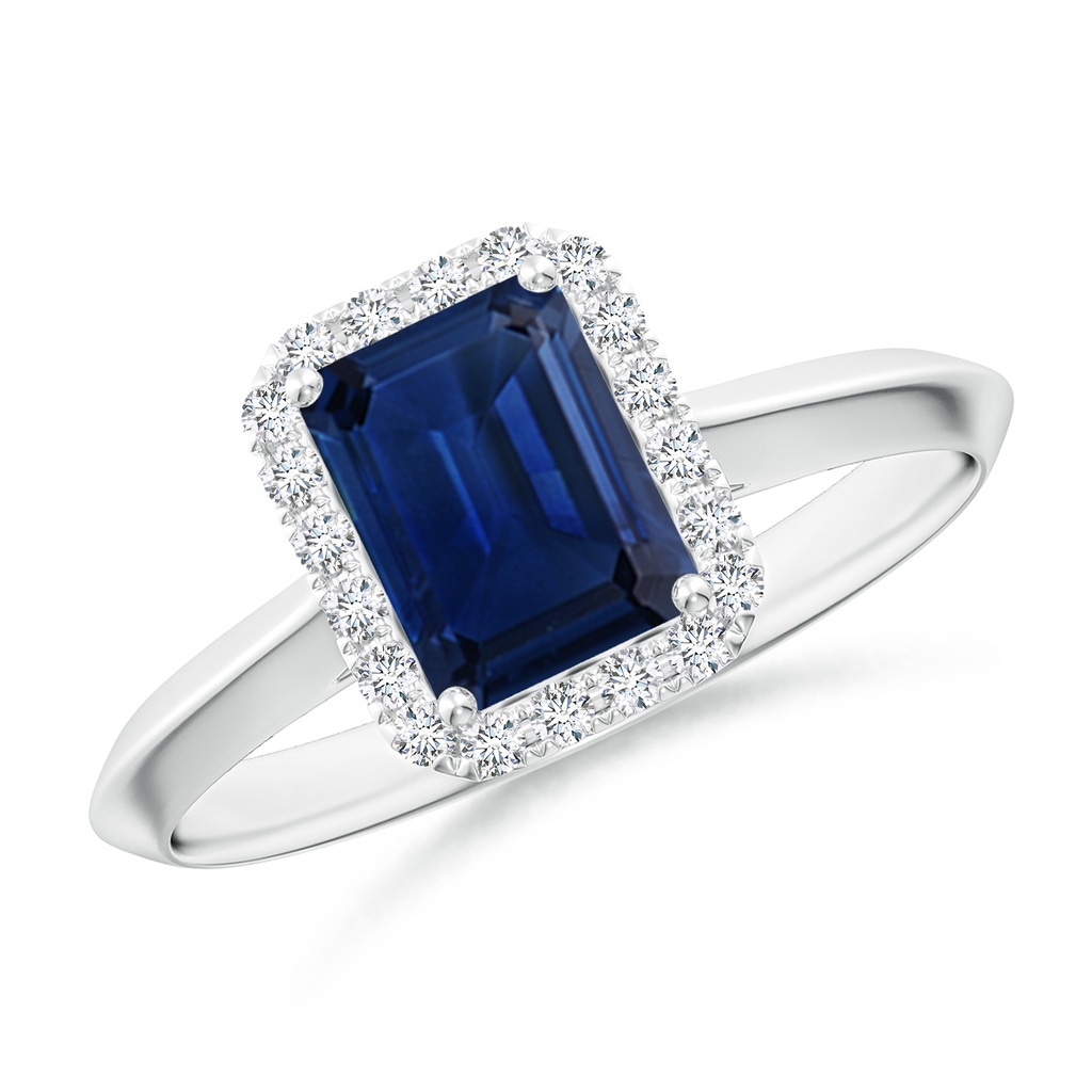 7x5mm AAA Emerald-Cut Blue Sapphire Halo Knife-Edge Shank Engagement Ring in P950 Platinum