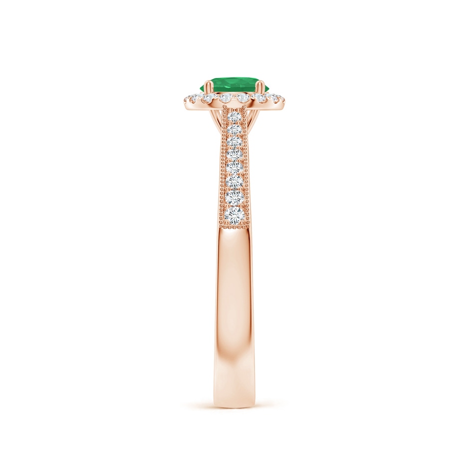 5mm A Round Emerald Reverse Tapered Shank Halo Engagement Ring in Rose Gold side 299
