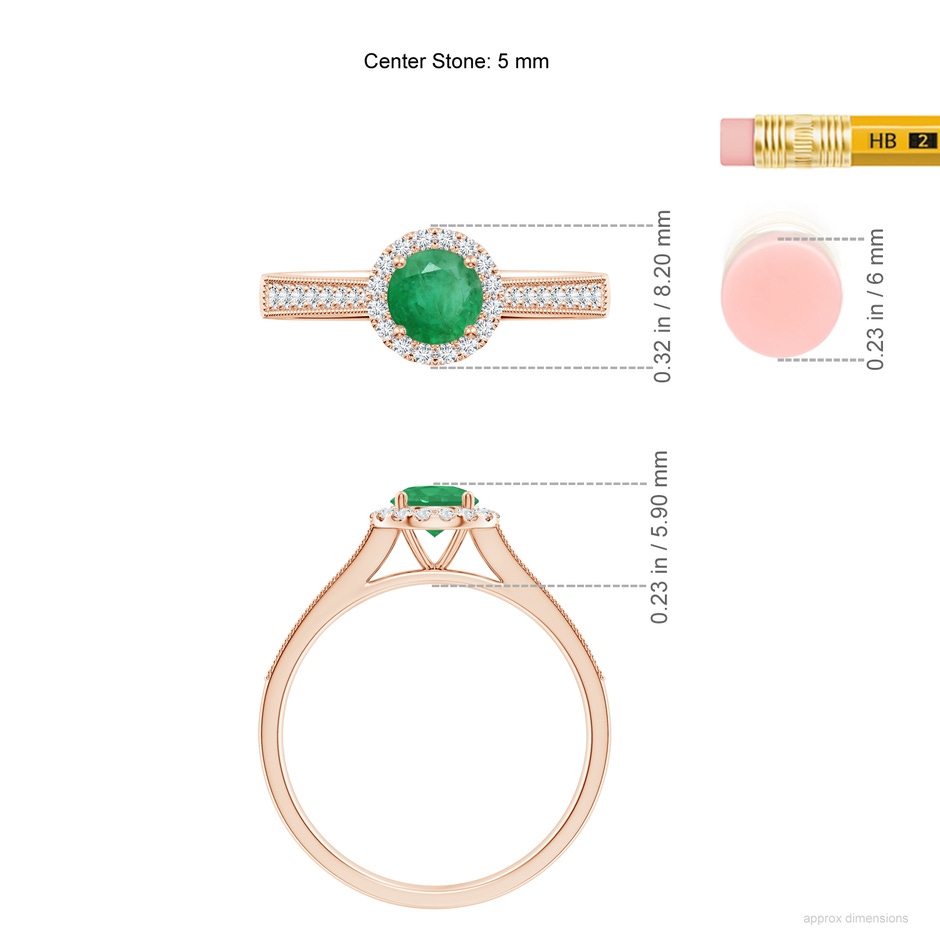 5mm A Round Emerald Reverse Tapered Shank Halo Engagement Ring in Rose Gold ruler