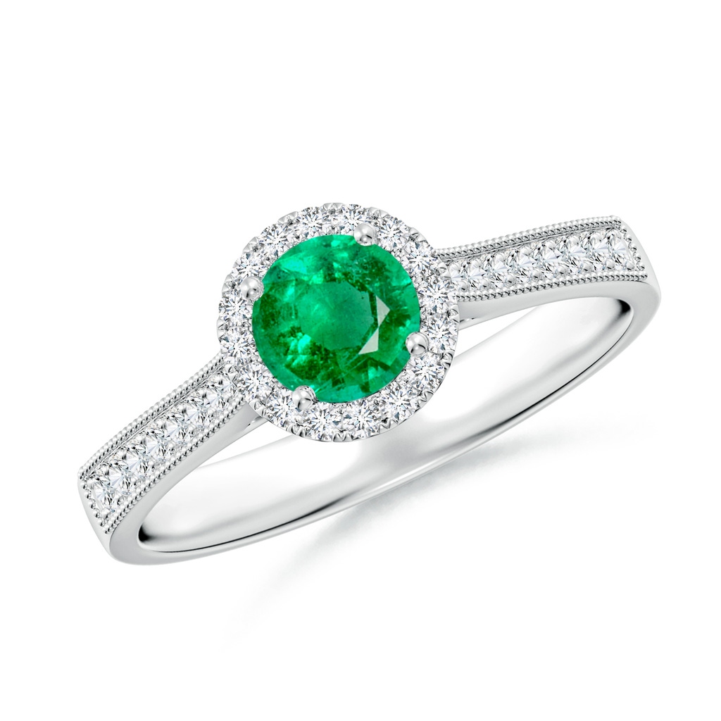 5mm AAA Round Emerald Reverse Tapered Shank Halo Engagement Ring in White Gold