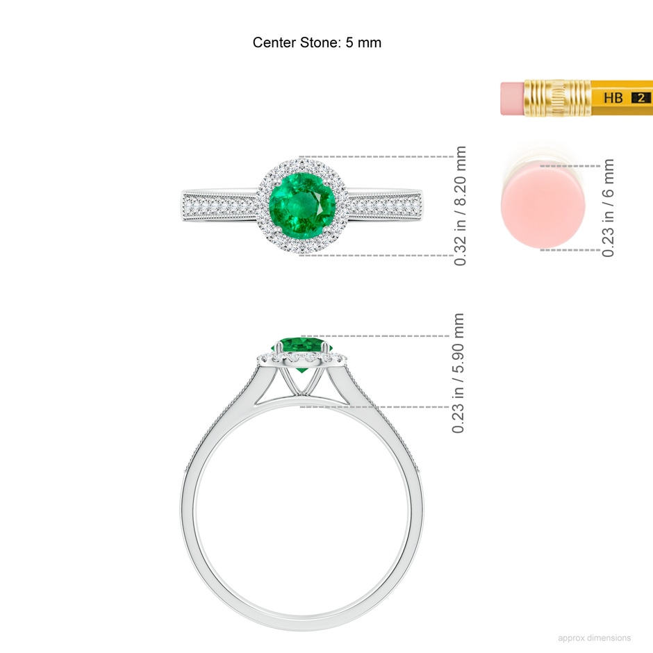 5mm AAA Round Emerald Reverse Tapered Shank Halo Engagement Ring in White Gold ruler