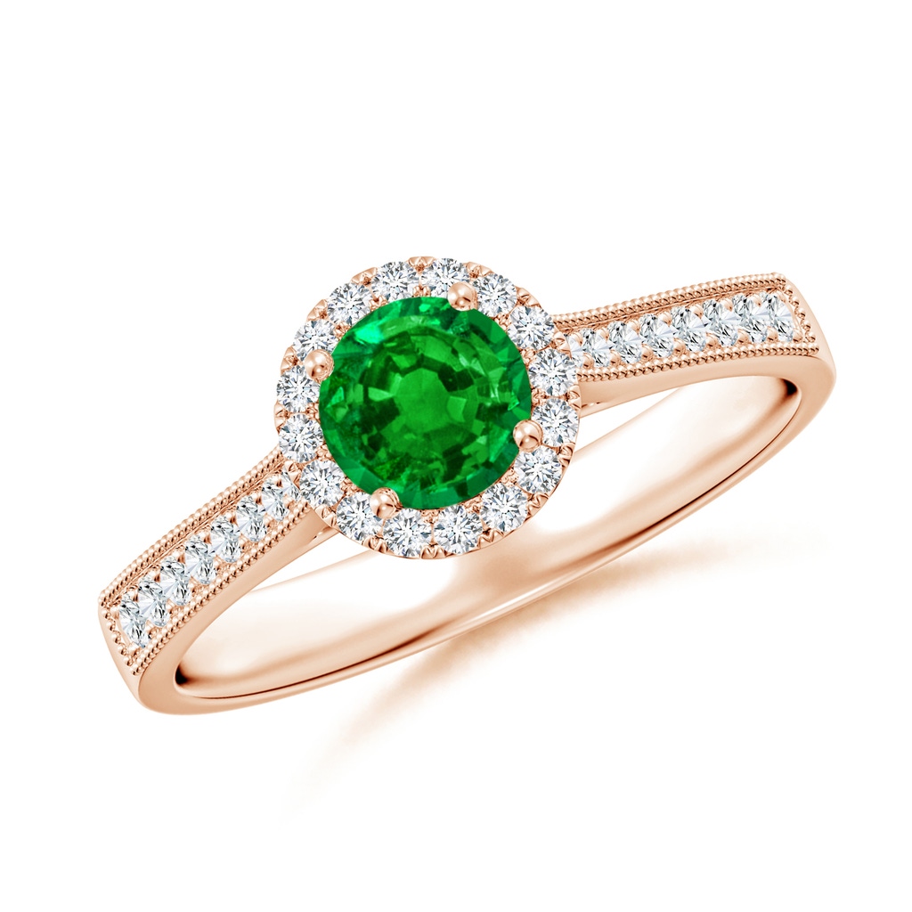 5mm AAAA Round Emerald Reverse Tapered Shank Halo Engagement Ring in Rose Gold