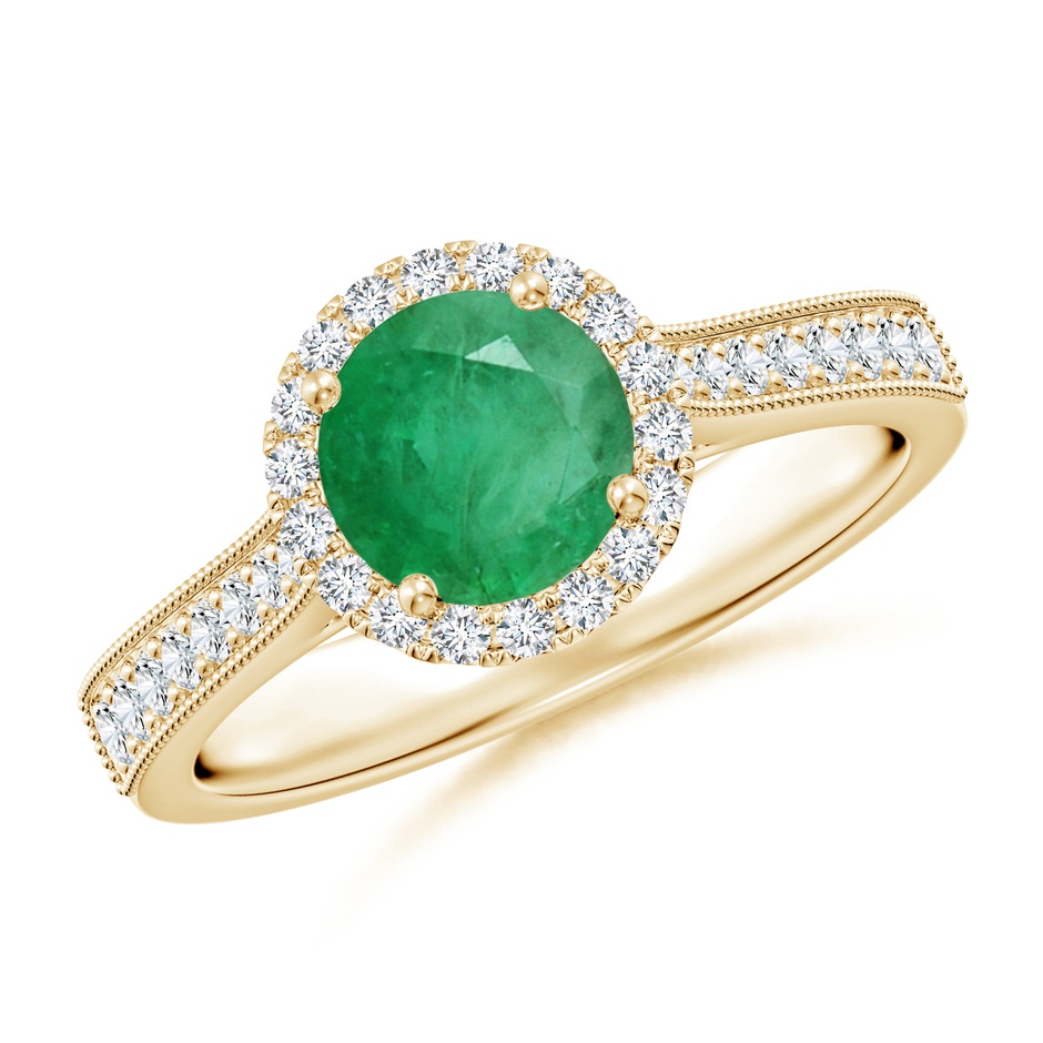 6.5mm A Round Emerald Reverse Tapered Shank Halo Engagement Ring in Yellow Gold 