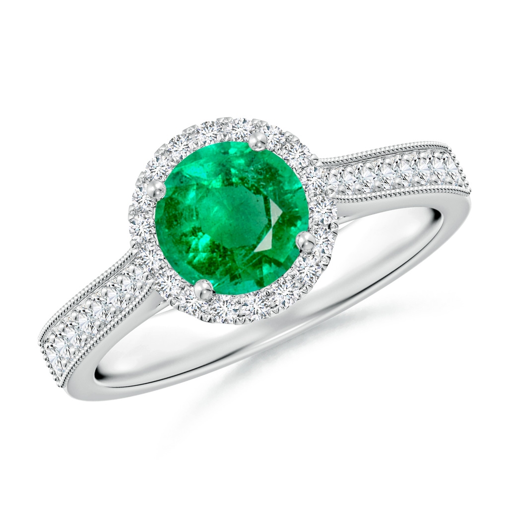 6.5mm AAA Round Emerald Reverse Tapered Shank Halo Engagement Ring in White Gold