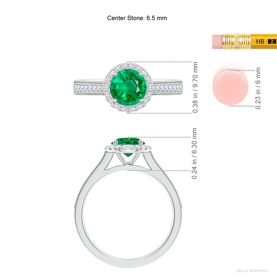 6.5mm AAA Round Emerald Reverse Tapered Shank Halo Engagement Ring in White Gold ruler