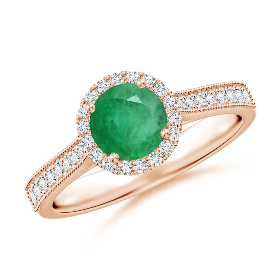 6mm A Round Emerald Reverse Tapered Shank Halo Engagement Ring in Rose Gold 