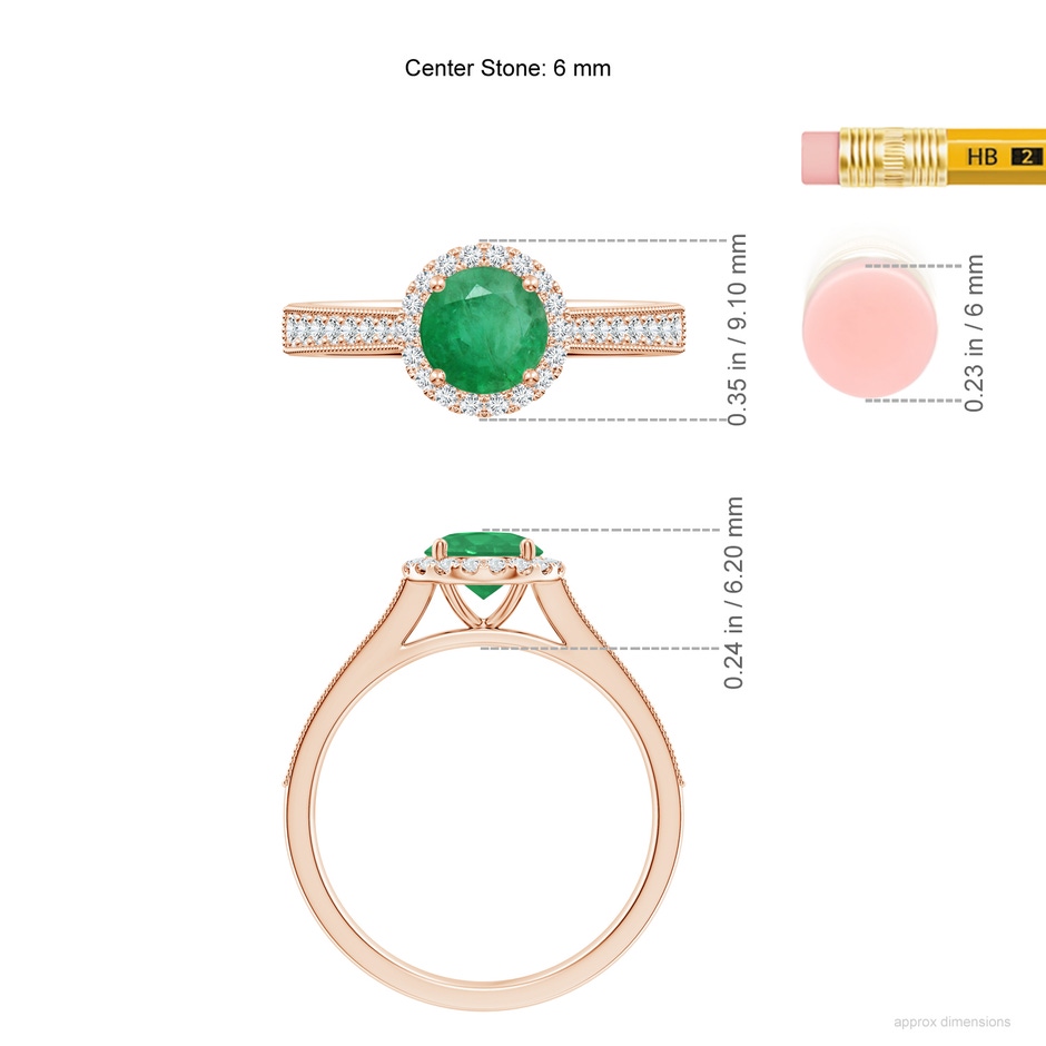 6mm A Round Emerald Reverse Tapered Shank Halo Engagement Ring in Rose Gold ruler
