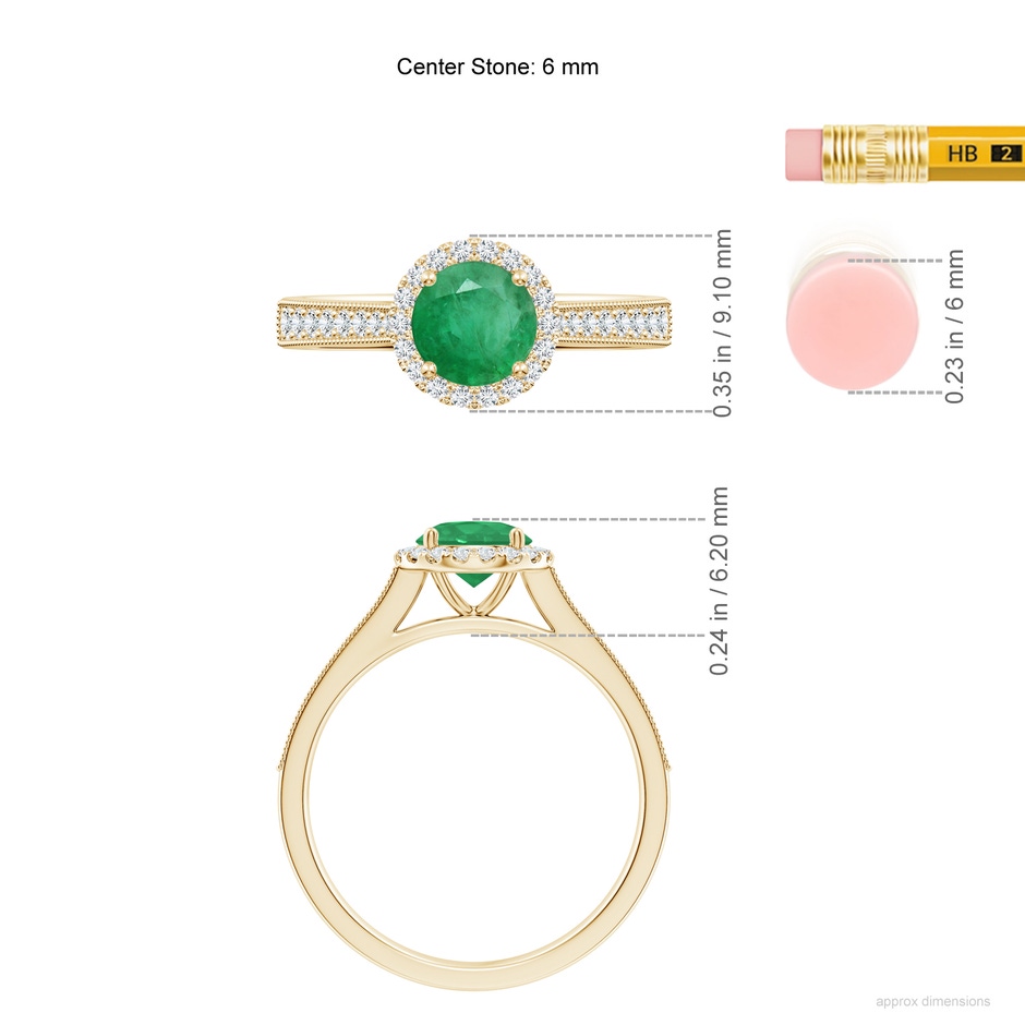 6mm A Round Emerald Reverse Tapered Shank Halo Engagement Ring in Yellow Gold ruler