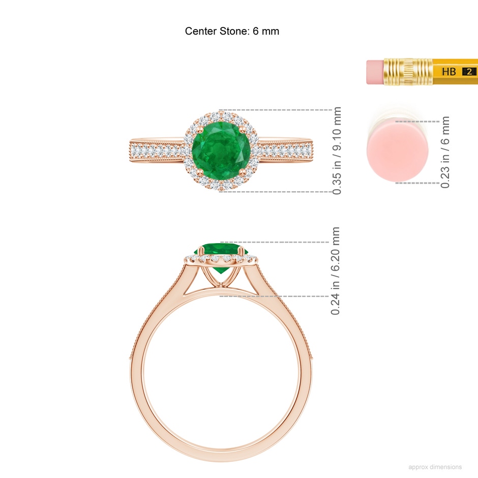 6mm AA Round Emerald Reverse Tapered Shank Halo Engagement Ring in Rose Gold ruler