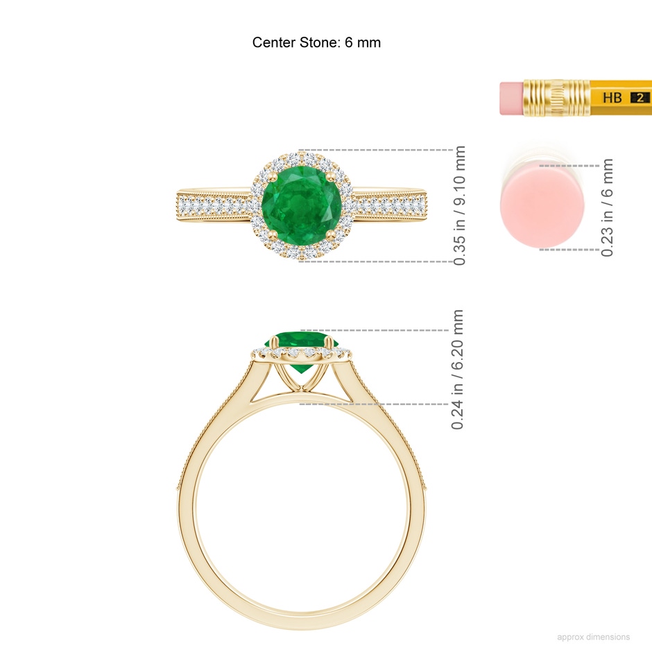 6mm AA Round Emerald Reverse Tapered Shank Halo Engagement Ring in Yellow Gold ruler