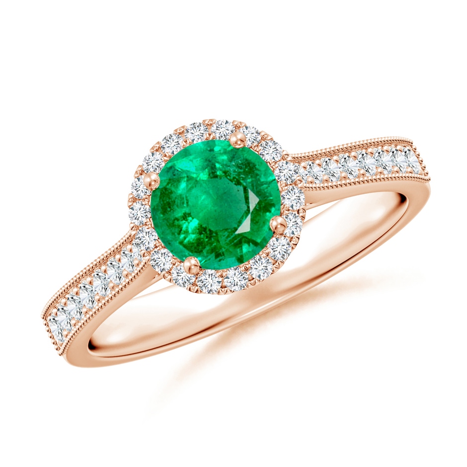 6mm AAA Round Emerald Reverse Tapered Shank Halo Engagement Ring in Rose Gold 