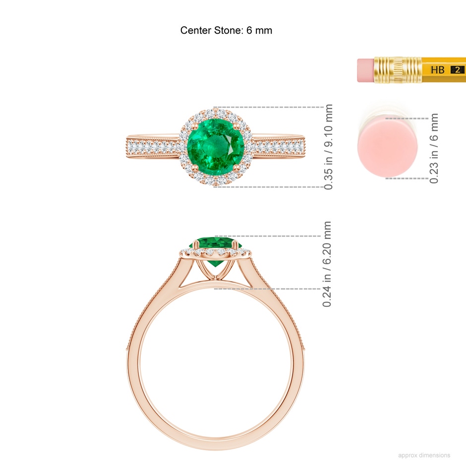 6mm AAA Round Emerald Reverse Tapered Shank Halo Engagement Ring in Rose Gold ruler