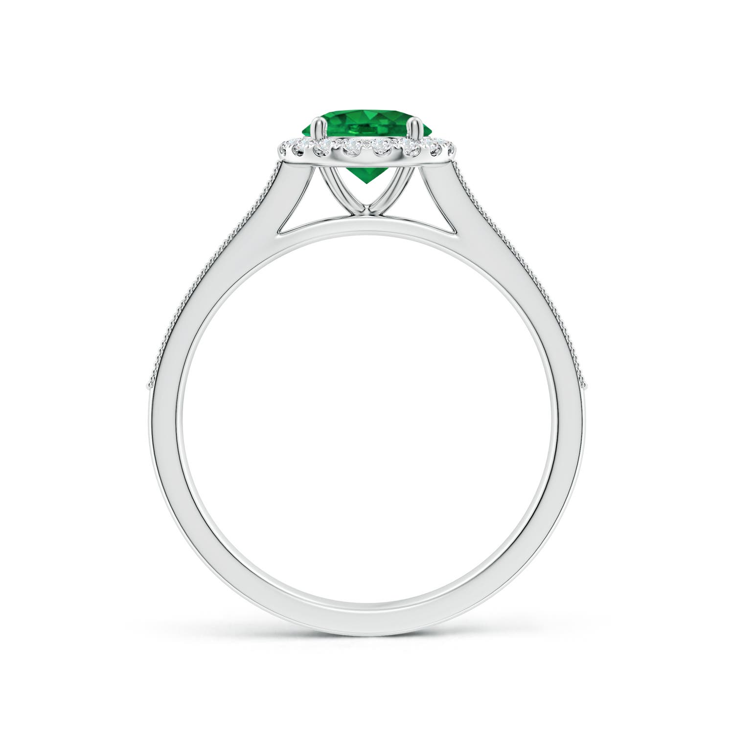6mm AAA Round Emerald Reverse Tapered Shank Halo Engagement Ring in White Gold
