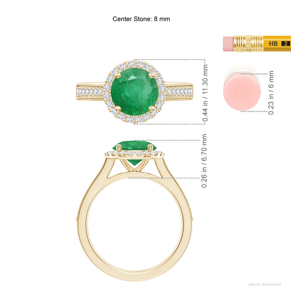 8mm A Round Emerald Reverse Tapered Shank Halo Engagement Ring in Yellow Gold ruler