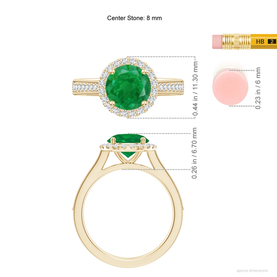 8mm AA Round Emerald Reverse Tapered Shank Halo Engagement Ring in Yellow Gold ruler