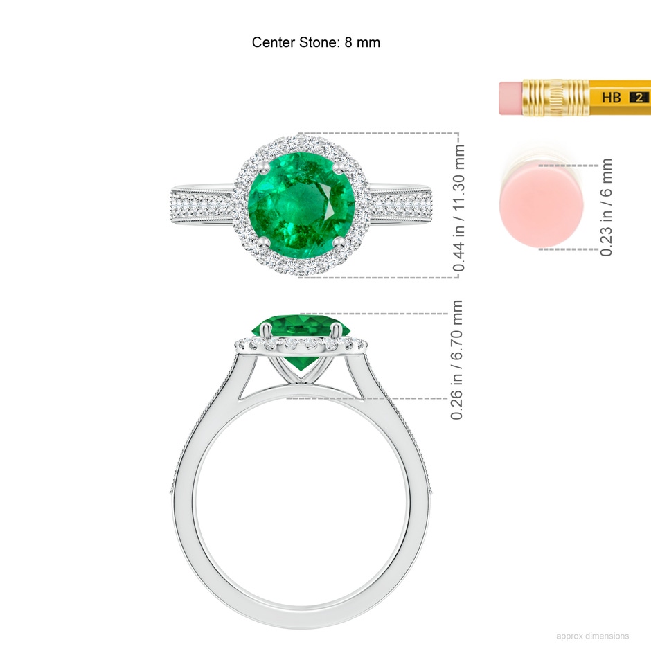 8mm AAA Round Emerald Reverse Tapered Shank Halo Engagement Ring in P950 Platinum ruler