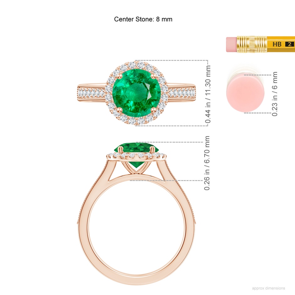 8mm AAA Round Emerald Reverse Tapered Shank Halo Engagement Ring in Rose Gold ruler