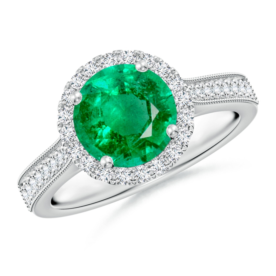 8mm AAA Round Emerald Reverse Tapered Shank Halo Engagement Ring in White Gold 