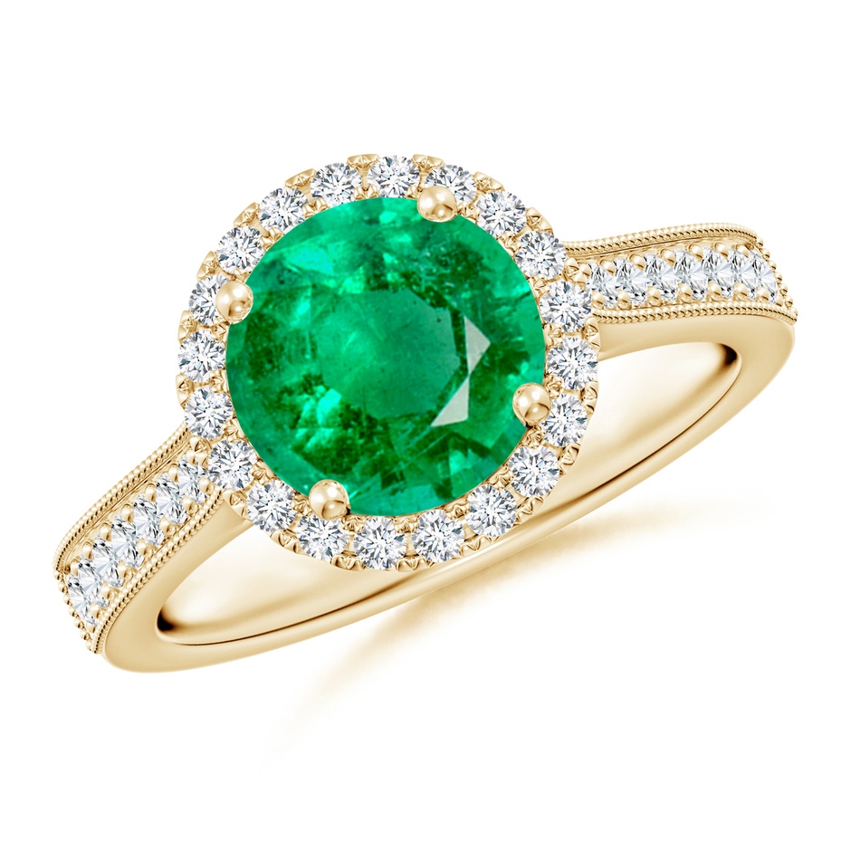 8mm AAA Round Emerald Reverse Tapered Shank Halo Engagement Ring in Yellow Gold 