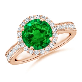 8mm AAAA Round Emerald Reverse Tapered Shank Halo Engagement Ring in 10K Rose Gold