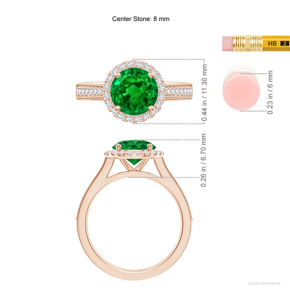 8mm AAAA Round Emerald Reverse Tapered Shank Halo Engagement Ring in 18K Rose Gold ruler