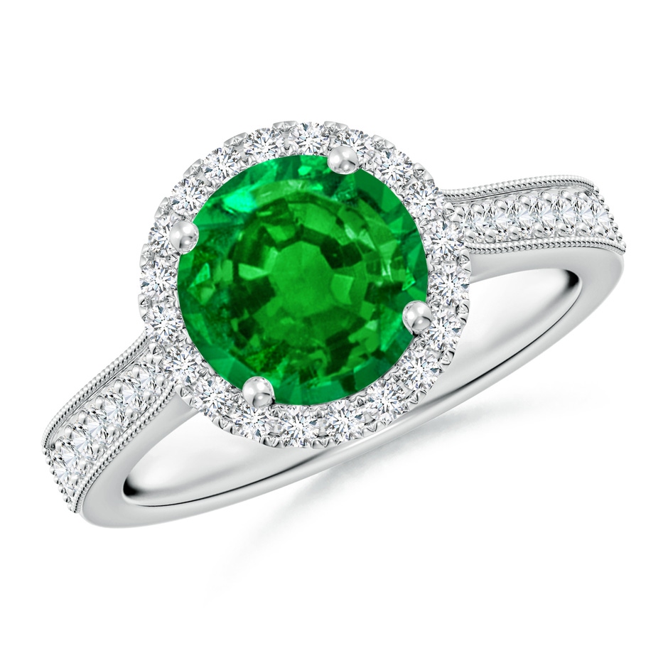 8mm AAAA Round Emerald Reverse Tapered Shank Halo Engagement Ring in P950 Platinum 