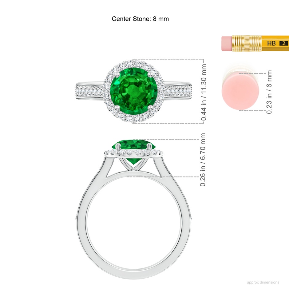 8mm AAAA Round Emerald Reverse Tapered Shank Halo Engagement Ring in P950 Platinum ruler